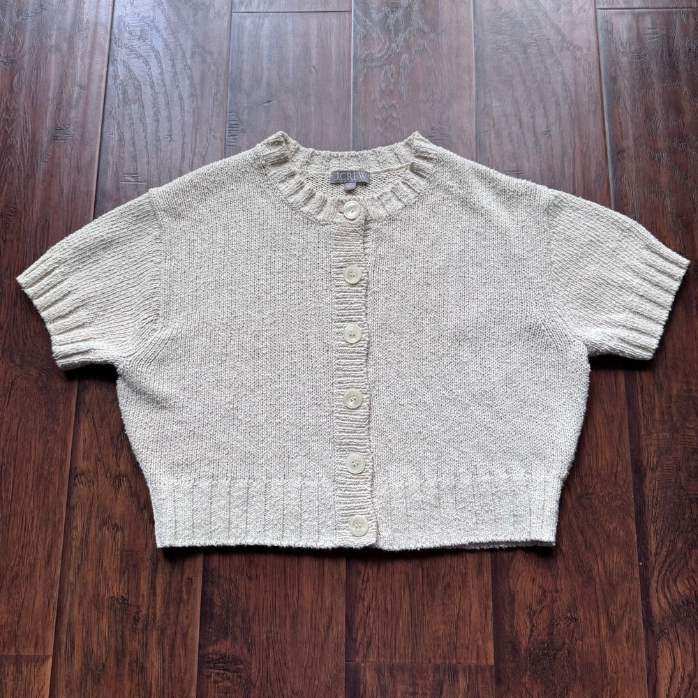 J. Crew Marina Crew Neck Cardigan Sweater Cream Textured Knit Sz M Clean Girl - Picture 2 of 16
